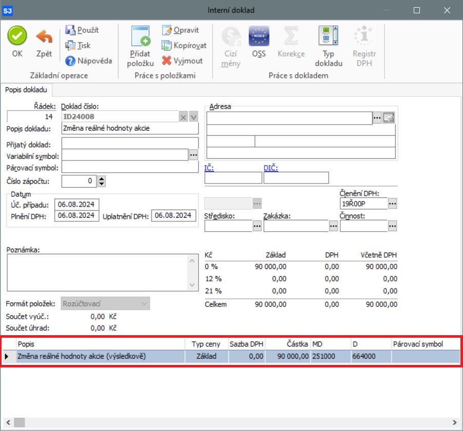 Účtování zvýšení reálné hodnoty akcie (výsledkově) pomocí interního dokladu a rozúčtovací položky v Money S3.