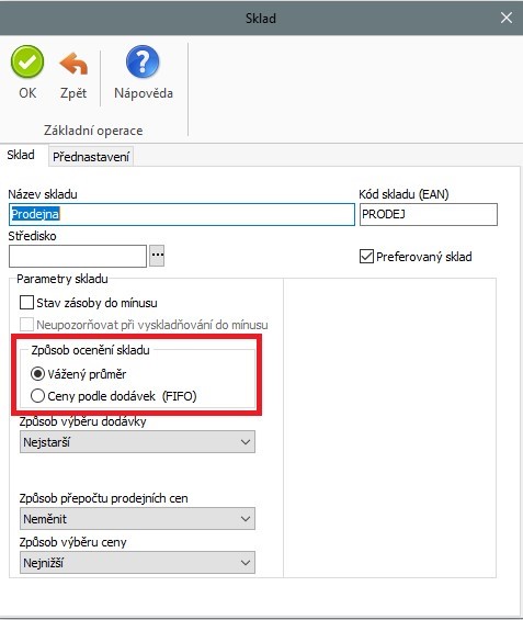 Nastavení skladu v Money S3, kde určujeme způsob ocenění zásob při vyskladnění.