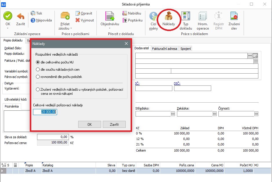 Ukázka, jak v Money S3 pomocí tlačítka „Náklady“ ve skladové příjemce zadat související náklady při pořízení zboží do pořizovací ceny.