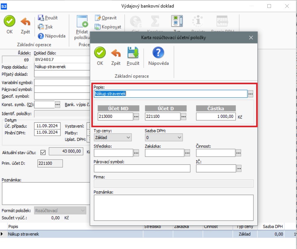 Výdajový bankovní doklad účtovaný na nákup stravenek pomocí rozúčtovací položky v Money S3.