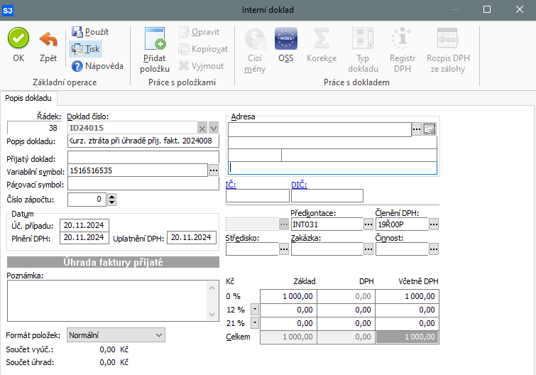 Náhled na vygenerovaný Interní doklad kurzové ztráty při úhradě faktury v cizí měně a jejího účtování v Money S3.