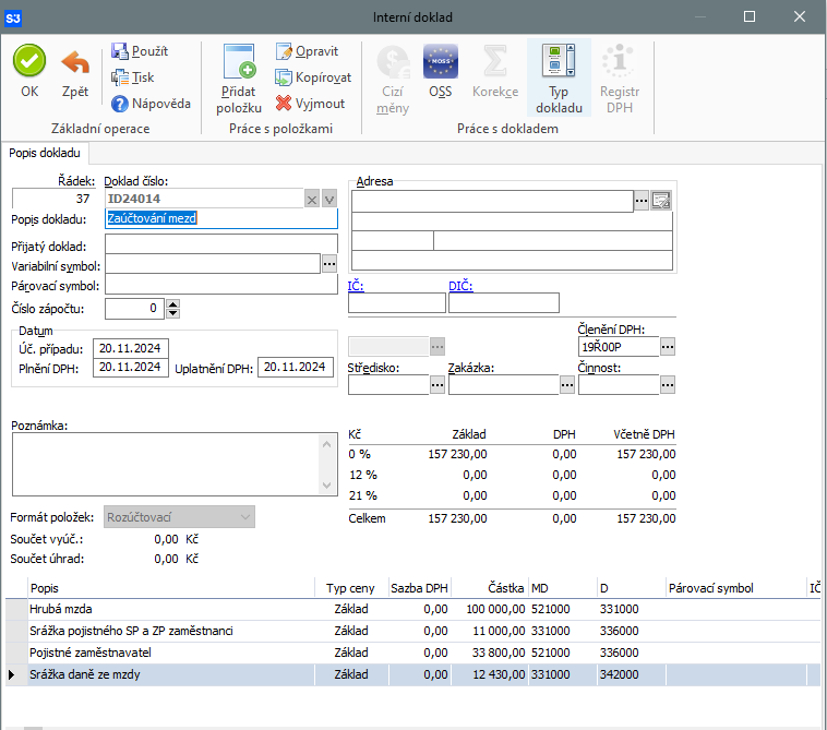 Účtování položek mezd pomocí rozúčtovacích položek v interním dokladu.